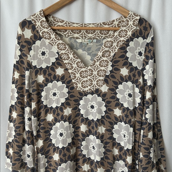 Boden Pretty Boho Tan/Navy Floral 3/4 Sleeve Patterned Midi Dress **Size 10** 🌸🌸 - Picture 3 of 7